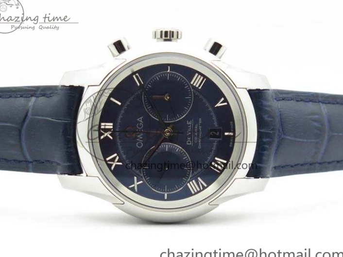 0308 MoistureWicking De Ville Chronograph SS OMF 1:1 Best Edition Blue Dial On Blue Leather Strap A 8110